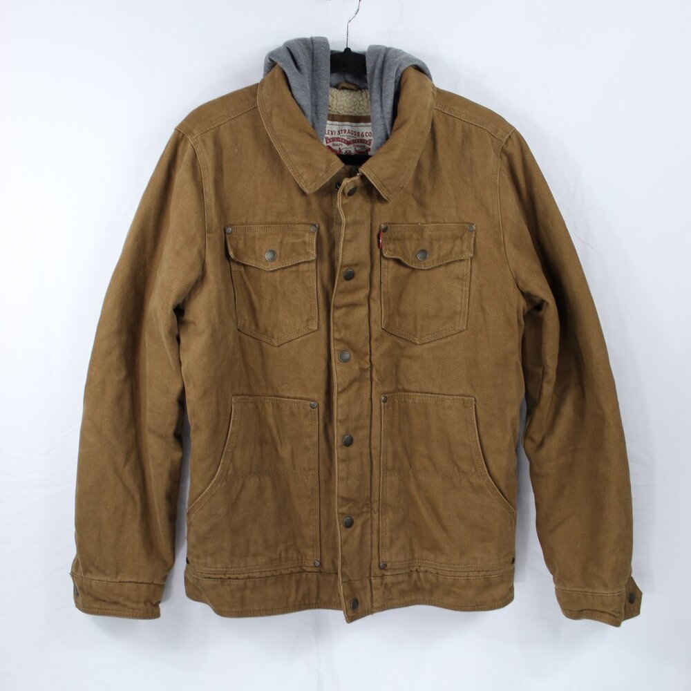 Levi Strauss & Company Camel Color Canvas Jacket Sherpa Lining & Gray Hood Sz S